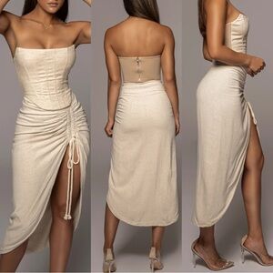 JLUXLABEL Natural Linen Spring Ruched Skirt & Cowl Neck Bodysuit Set Size Medium